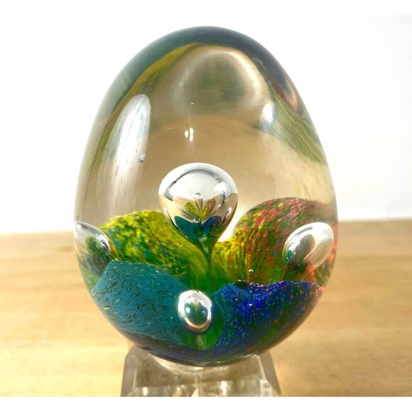 Handcrafted Art Glass Egg Paperweight With Vibrant Swirls & Bubbles - Picture 4 of 7